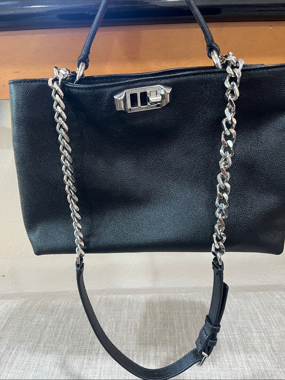 Rebecca Minkoff Black Leather Shoulder Bag with Silver Chain